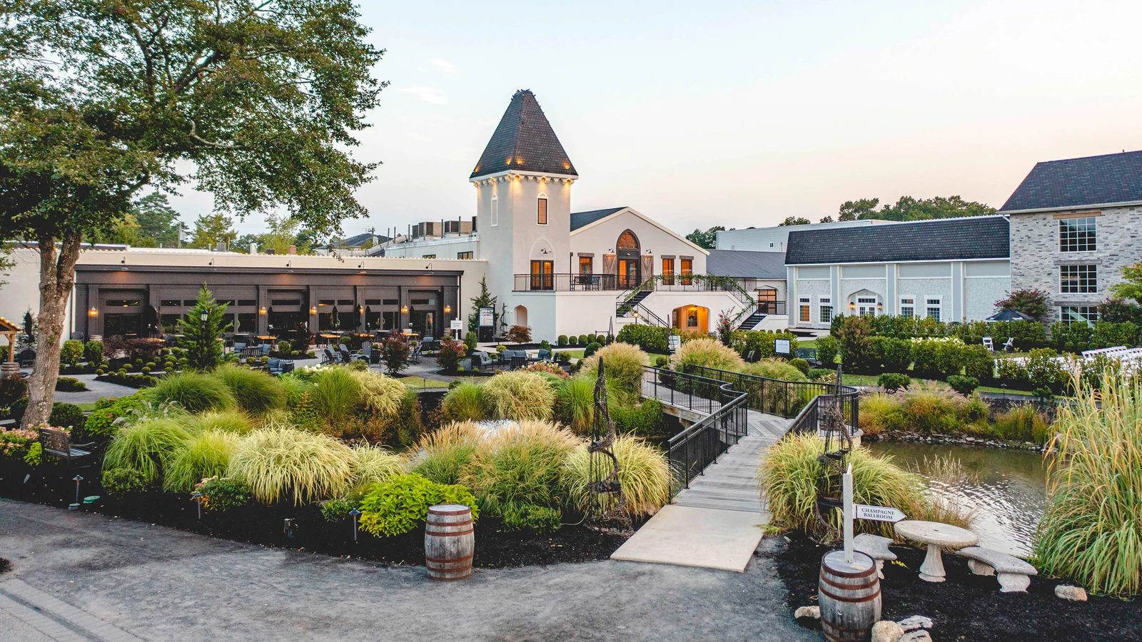 Historic vineyard resort estate at dusk